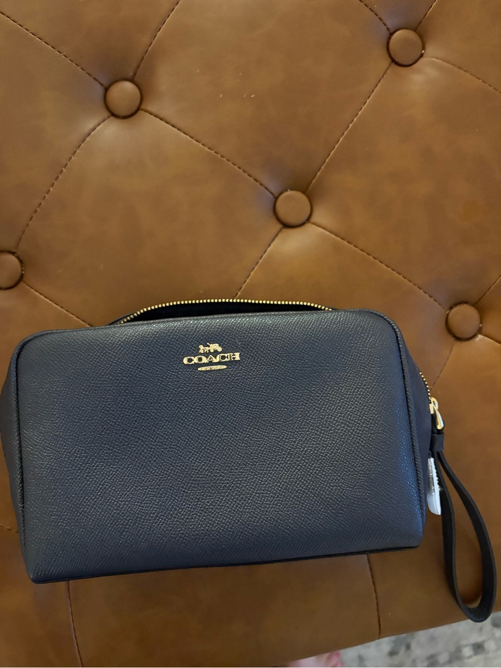 Coach Navy Pebbled Leather Wristlet Clutch with Gold Logo